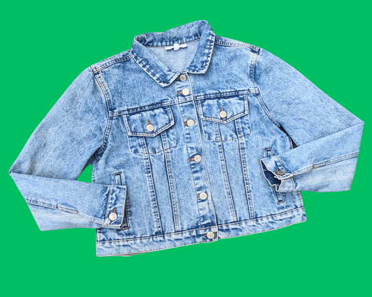Handmade, Upcycled Jason and Freddy Taking a Selfie Denim Jacket Size L