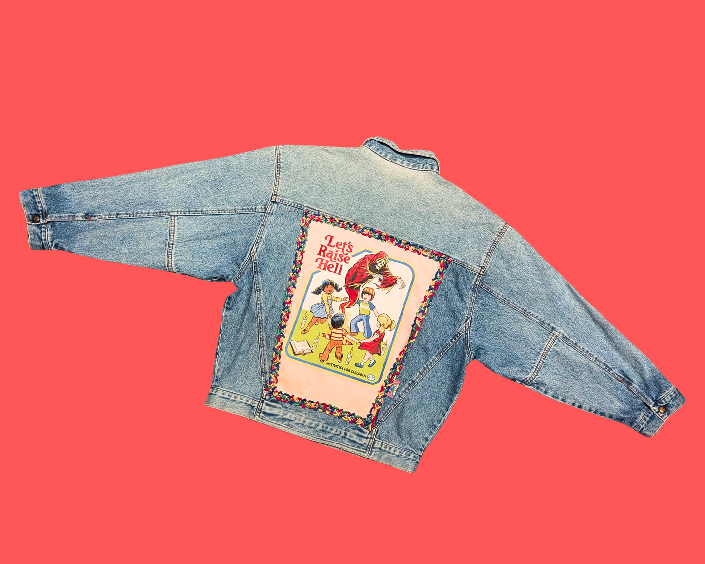 Handmade, Upcycled Denim Jacket with a Steven Rhodes ''Let's Raise Hell, Activities for Children'' T-Shirt Size  L for Men