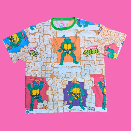 Handmade, Upcycled Teenage Mutant Ninja Turtles Bedsheet T-Shirt Oversized XL, Fitted 2XL