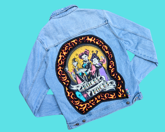 Handmade, Upcycled Hocus Pocus Denim Jacket Size M