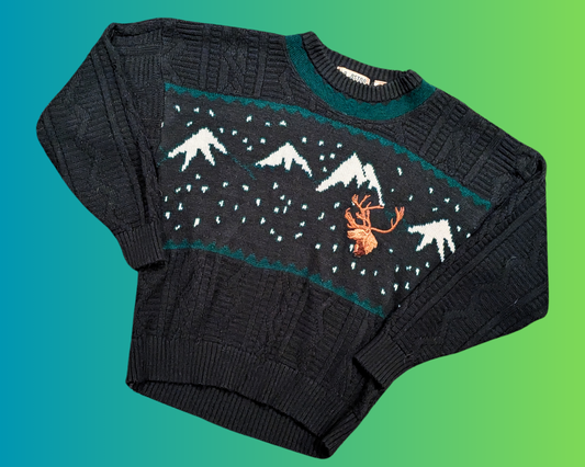Pull vintage en tricot brodé d'élan des années 1980, taille XL