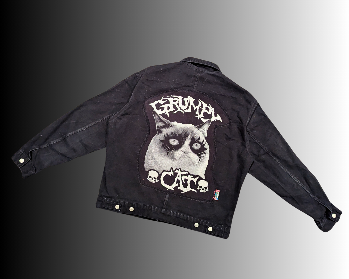 Handmade, Upcycled Black, Grumpy Cat Denim Jacket Size L