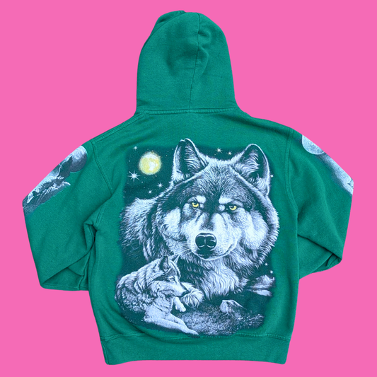 Green Wolf Print Hoodie Size S