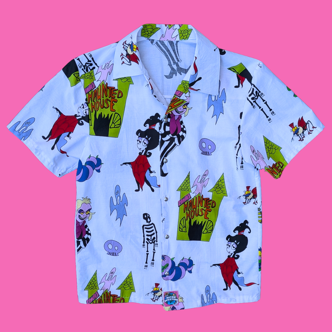Handmade, Upcycled Beetlejuice Bedsheet Button Down Shirt Size XS