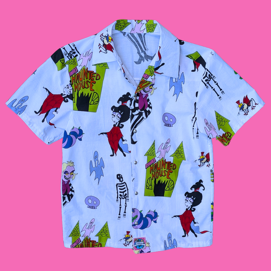 Handmade, Upcycled Beetlejuice Bedsheet Button Down Shirt Size XS
