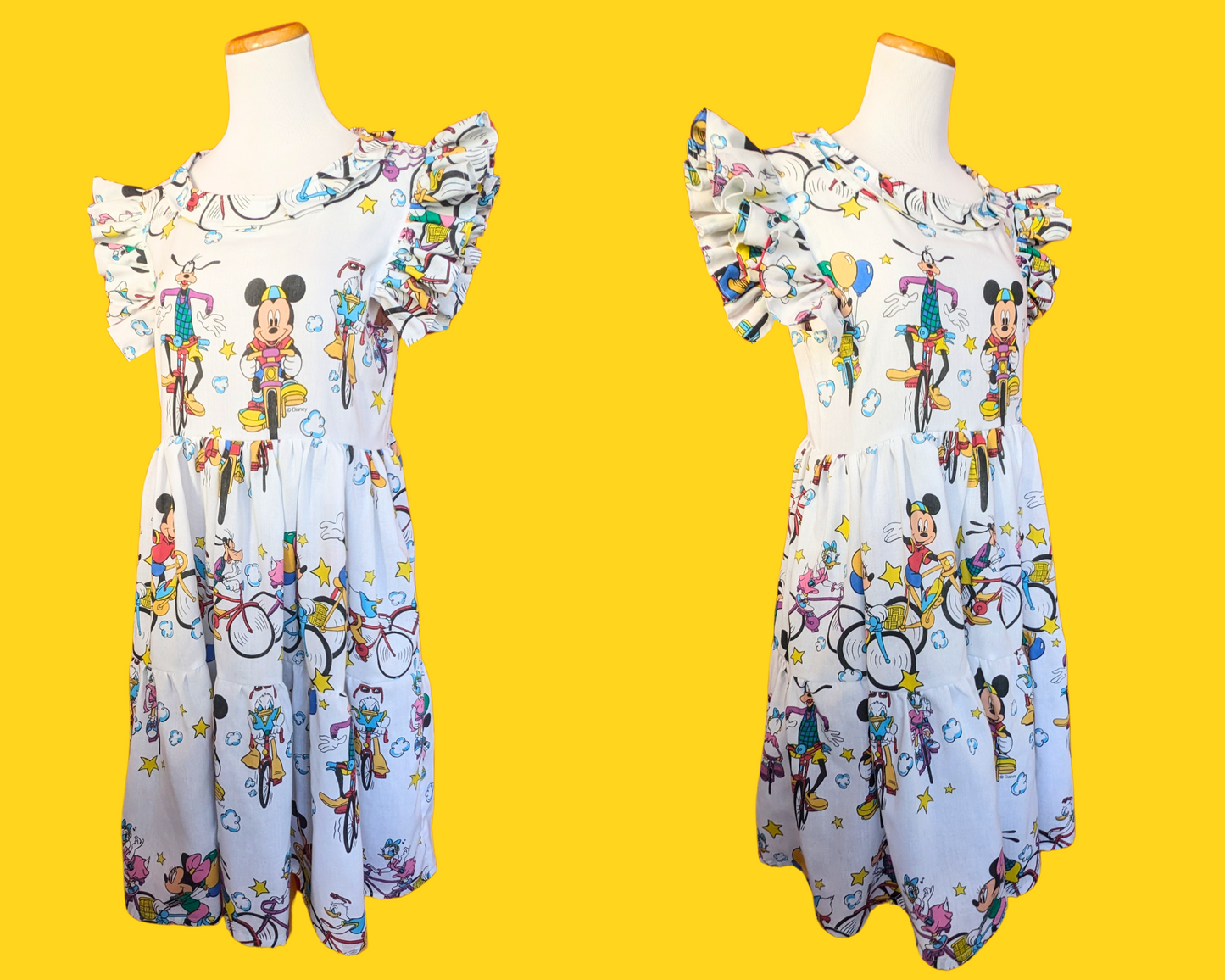Handmade, Upcycled Vintage 1990's Walt Disney Mickey Mouse and Friends on Bicycles Bedsheet Dress Size S