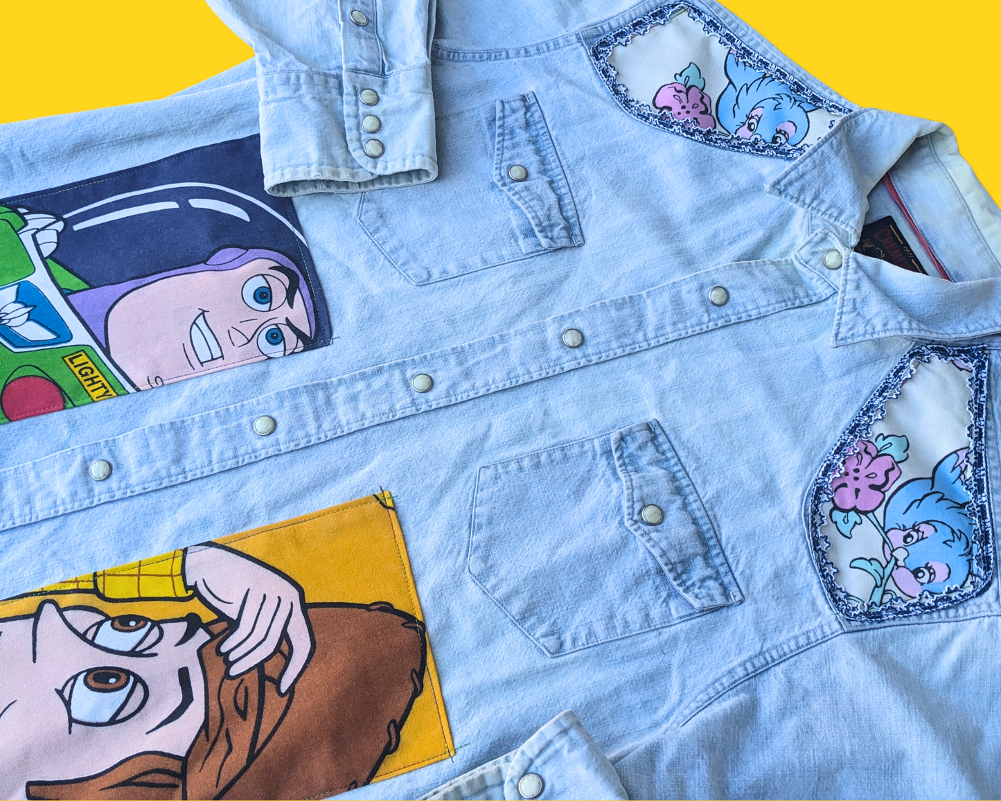Handmade, Upcycled Denim Snap Buttons Shirt Patched Up with Nostalgic Bedsheets (Toy Story, E.T, The Simpsons and Others) Size L