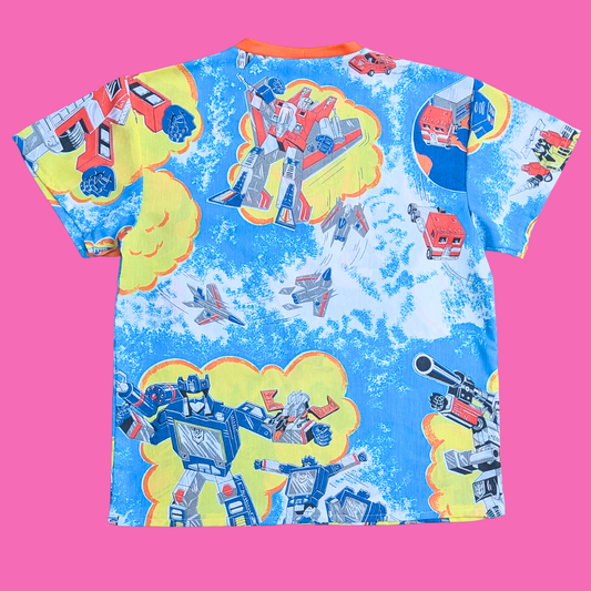 Handmade, Upcycled Transformers Bedsheet T-Shirt Oversized S-M, Fitted L-XL