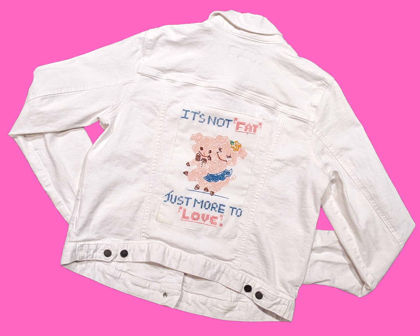 Handmade, Upcycled White Denim Calvin Klein Jacket with Piggies Embroidered Patch on the Back ''It's Not Fat, Just More To Love'' Size XL (Fits Smaller)