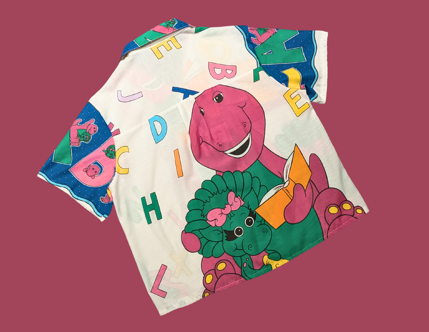 Handmade, Upcycled Vintage Barney Bedsheet Short Sleeve Button Down T-Shirt XL