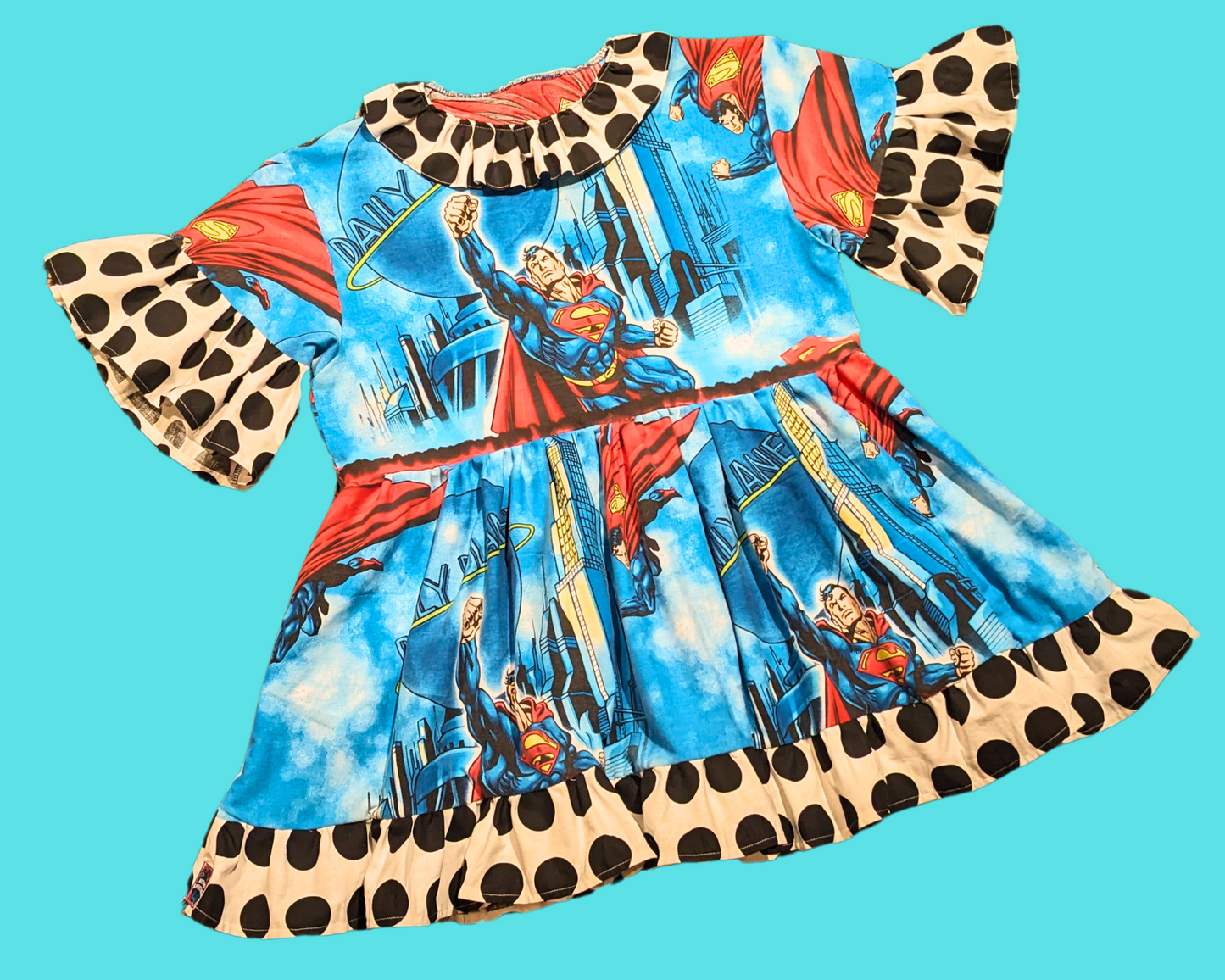 Handmade, Upcycled Vintage 1990's Superman Dress Fits Size S-M-L-XL