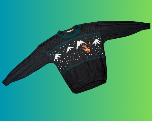 Pull vintage en tricot brodé d'élan des années 1980, taille XL