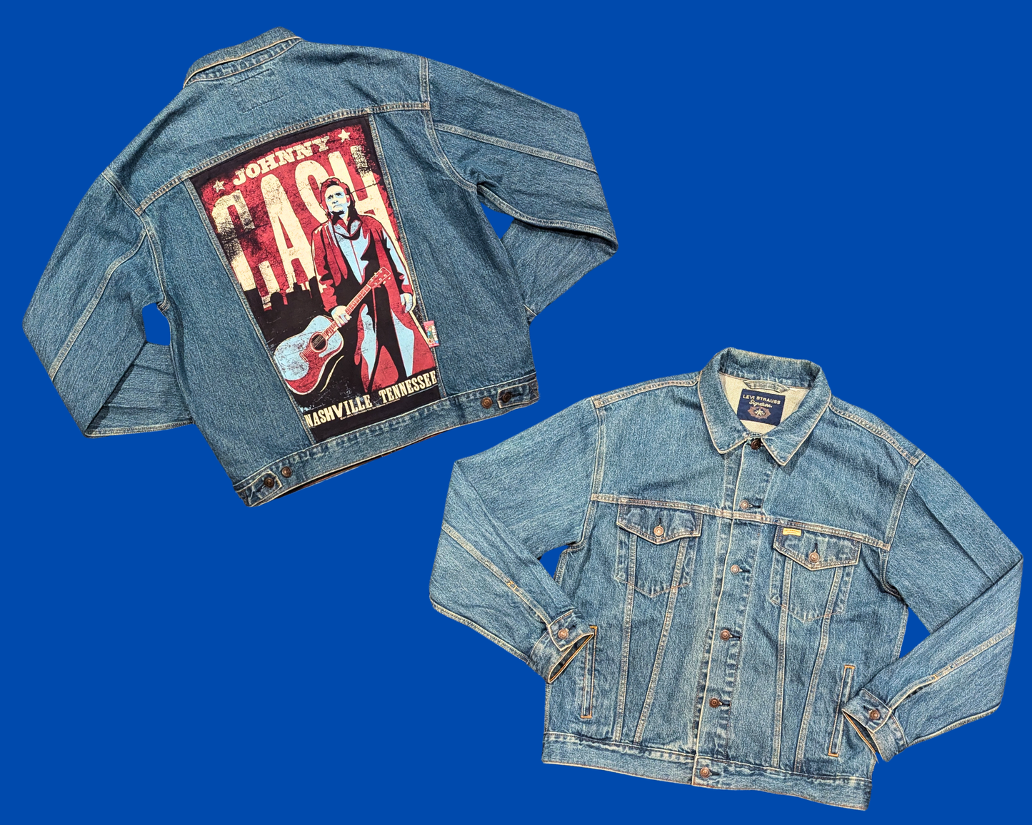 Handmade, Upcycled Denim Jacket with a Johnny Cash T-Shirt Size L for Men