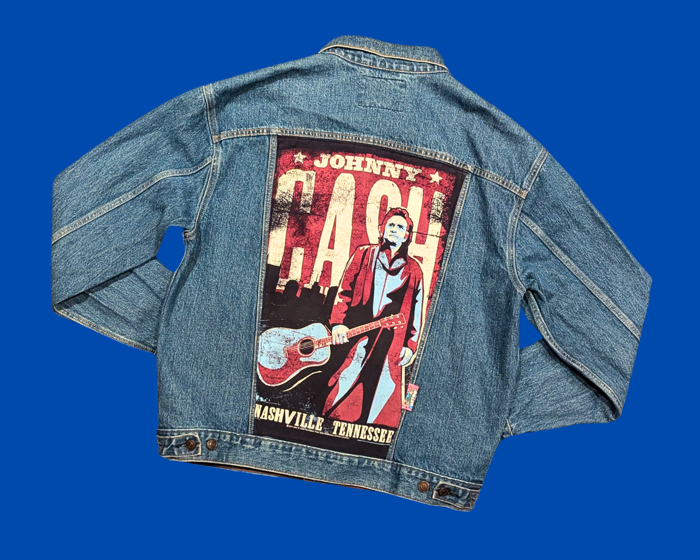 Handmade, Upcycled Denim Jacket with a Johnny Cash T-Shirt Size L for Men