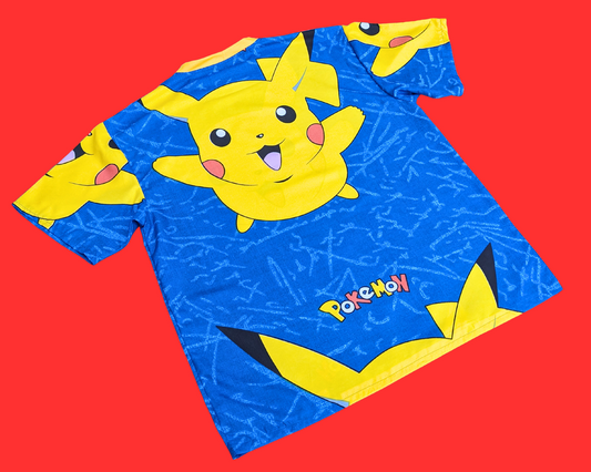 Handmade, Upcycled  Blue Pokemon, Pikachu Bedsheet T-Shirt Oversized XS - Fits Like A Size M