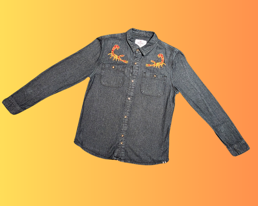 Vintage 1990's Black Denim, Scorpion Embroidery Patches, Bellfield. Designed in Great Britain Button Down Shirt Size M