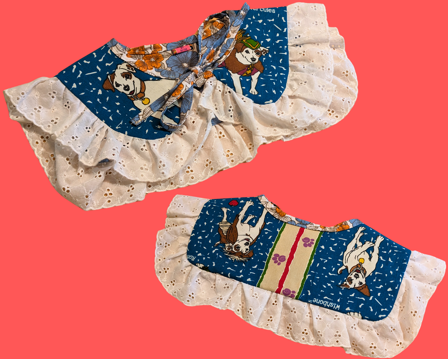 Handmade, Upcycled, Reversible Wishbone the Dog Bedsheet Sailor Collar with Lace Frill