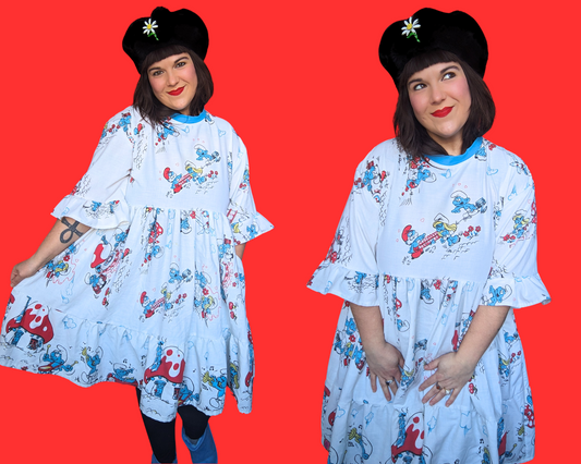 Robe t-shirt vintage des années 1990, fabriquée à la main et recyclée, Les Schtroumpfs, taille S à XL.