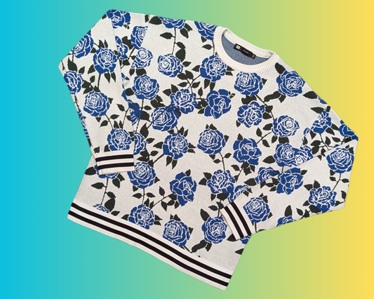 Y2K Blue Floral Sweater Size S