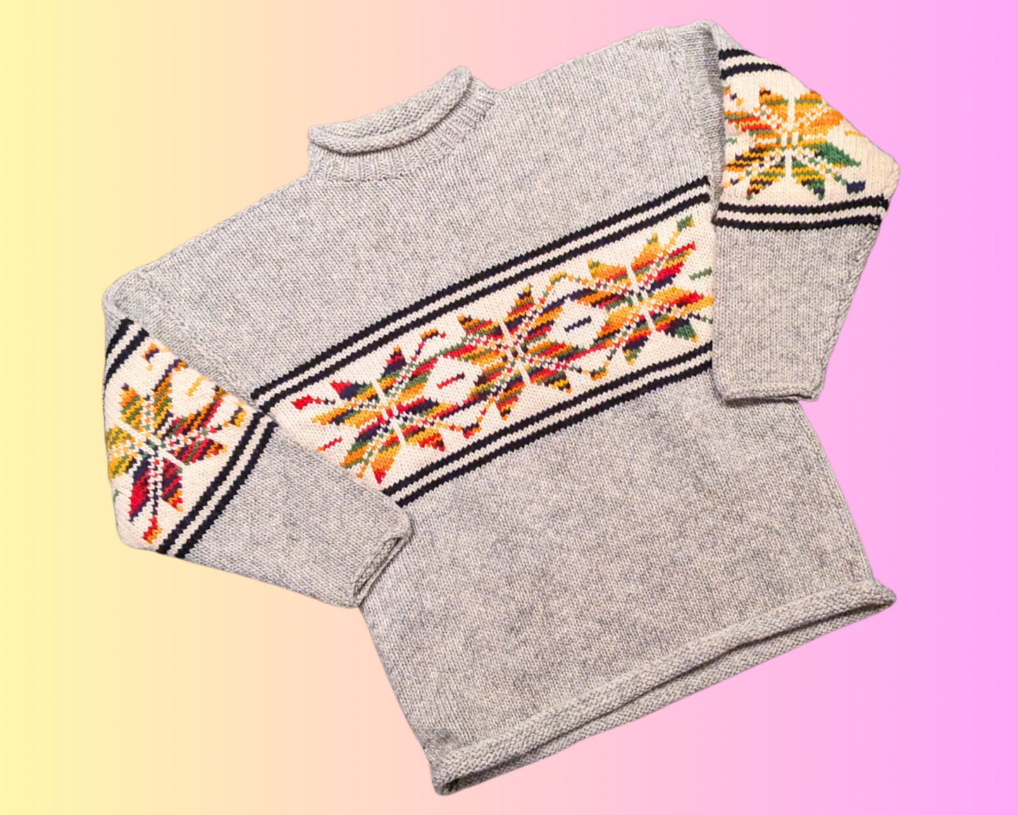 Vintage 1980's Gray and Rainbow Colors Knit Sweater Size L