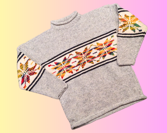 Vintage 1980's Gray and Rainbow Colors Knit Sweater Size L