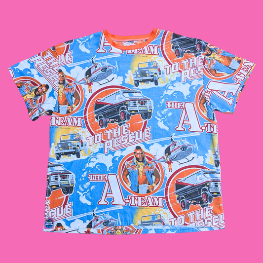 Handmade, Upcycled The A-Team Bedsheet T-Shirt Oversized XL, Fitted 2XL