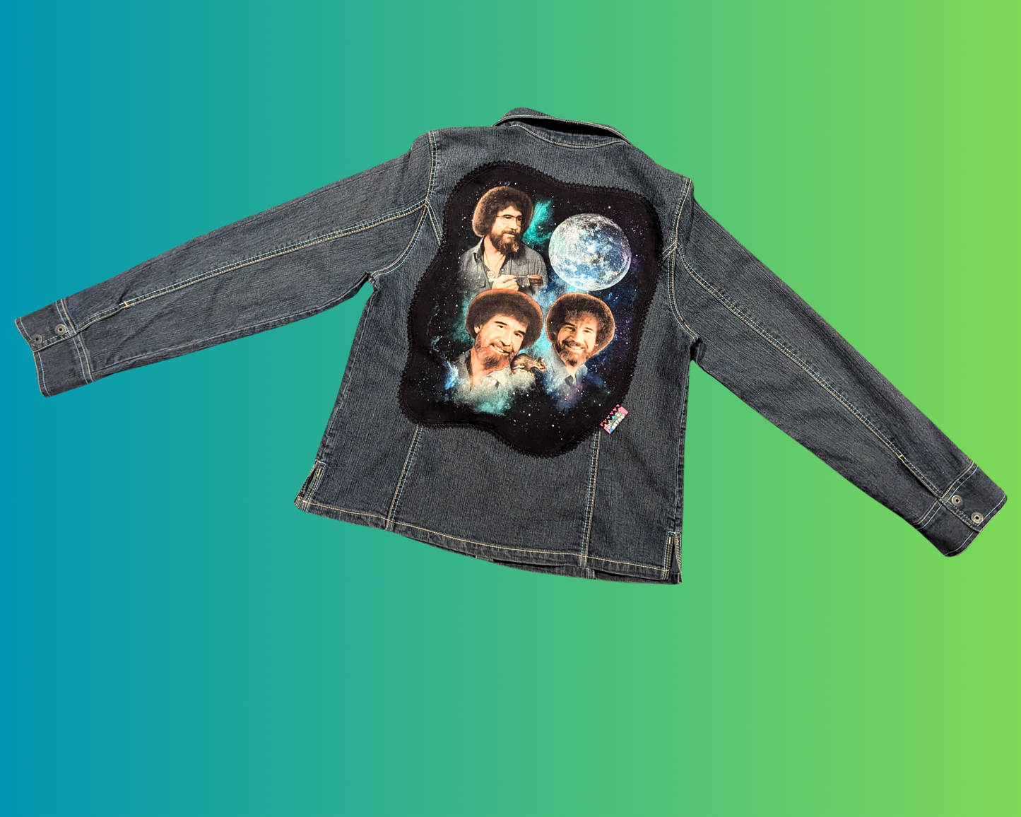 Handmade, Upcycled Bob Ross Denim Jacket Size XL