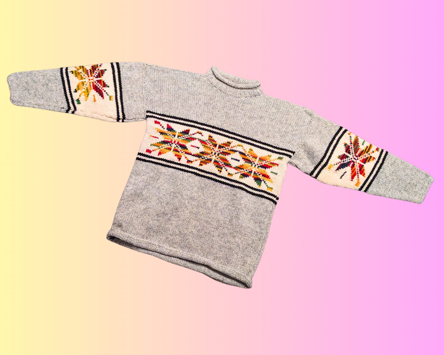 Vintage 1980's Gray and Rainbow Colors Knit Sweater Size L