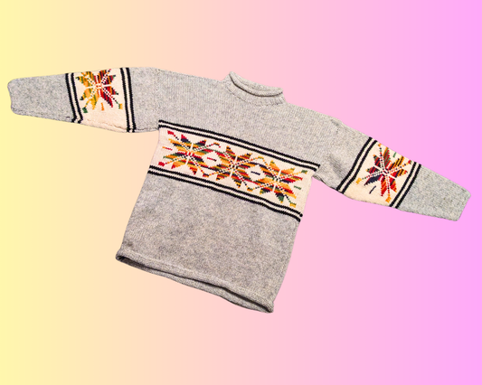 Vintage 1980's Gray and Rainbow Colors Knit Sweater Size L