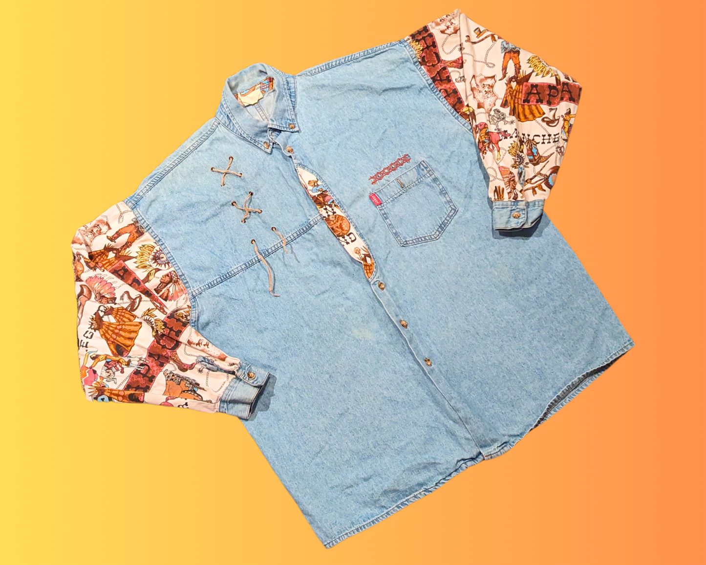Vintage 1990's Denim Button Shirt with Western Printed Sleeves Size L