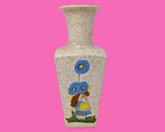 Kitsch vintage des années 1970, peinture de petite fille, vase
