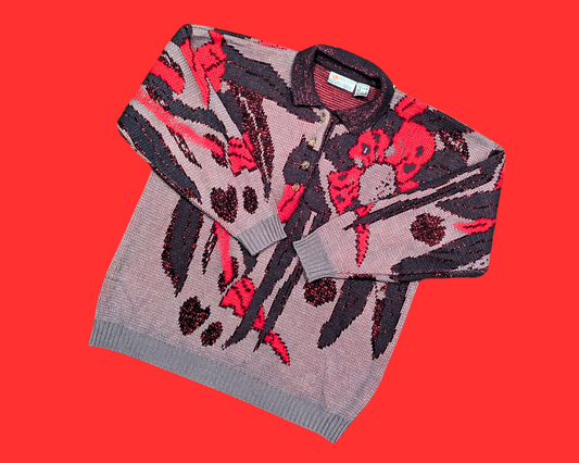 Pull Marie-Claire vintage des années 1990, gris, rouge et noir, en acrylique, motif floral, taille L