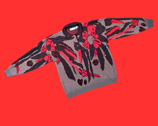 Pull Marie-Claire vintage des années 1990, gris, rouge et noir, en acrylique, motif floral, taille L