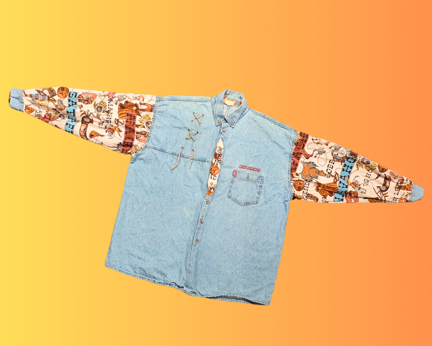Vintage 1990's Denim Button Shirt with Western Printed Sleeves Size L