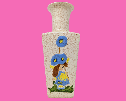 Kitsch vintage des années 1970, peinture de petite fille, vase