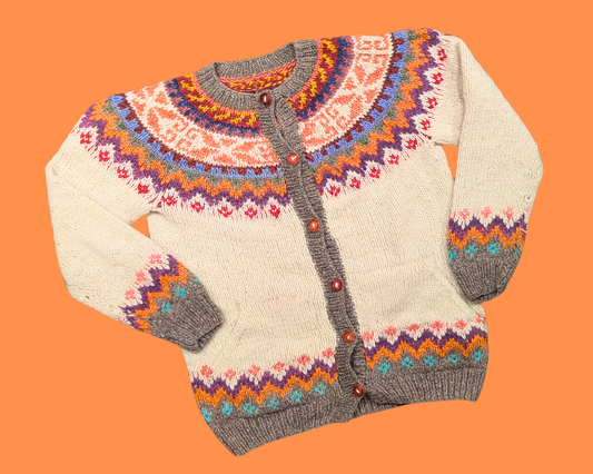 Vintage 1990's Gorgeous, Wool, Crocheted Colourful Cardigan Size XL