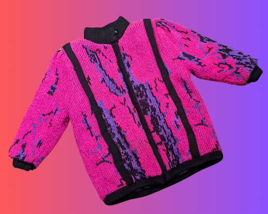 Veste en tricot rose chaud vintage des années 1990, taille XL