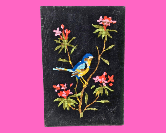 Broderie vintage en velours noir, oiseaux et fleurs, années 1970, sans cadre