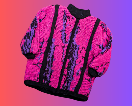 Veste en tricot rose chaud vintage des années 1990, taille XL