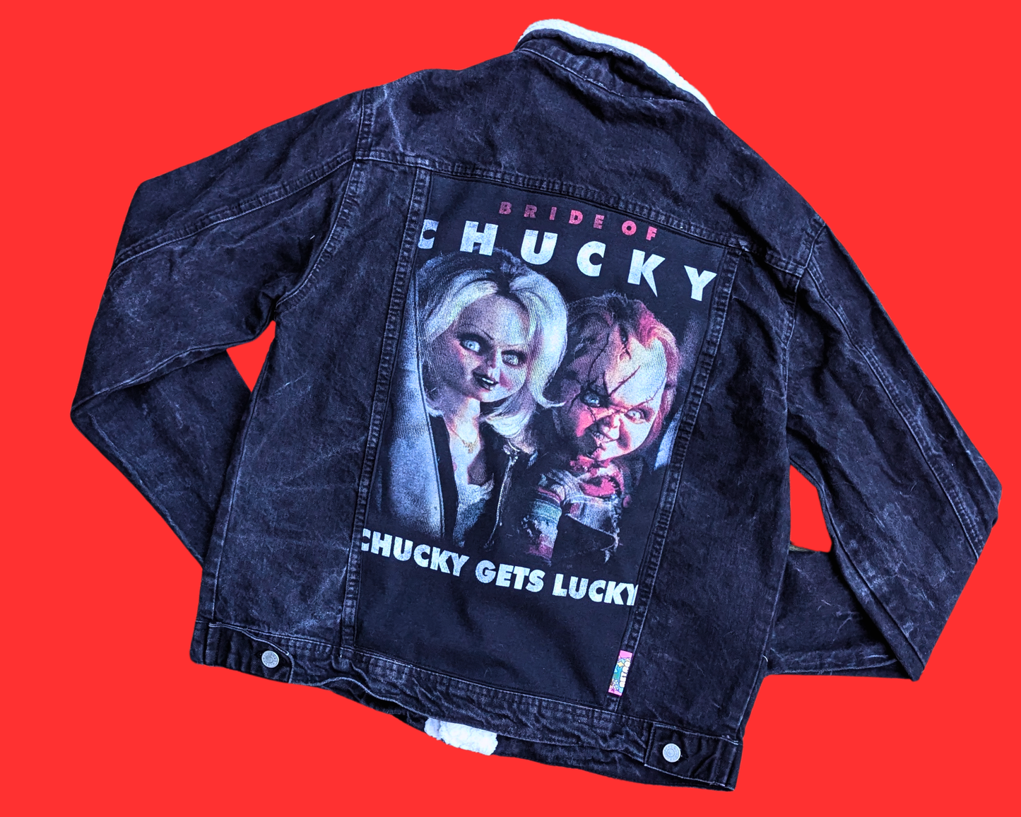 Veste en jean noire Bride of Chucky faite à la main et recyclée, taille M