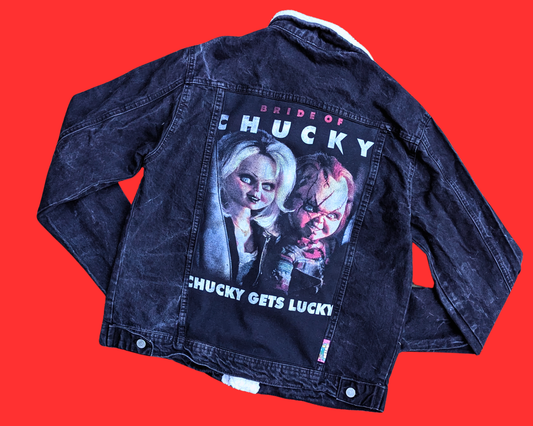 Veste en jean noire Bride of Chucky faite à la main et recyclée, taille M