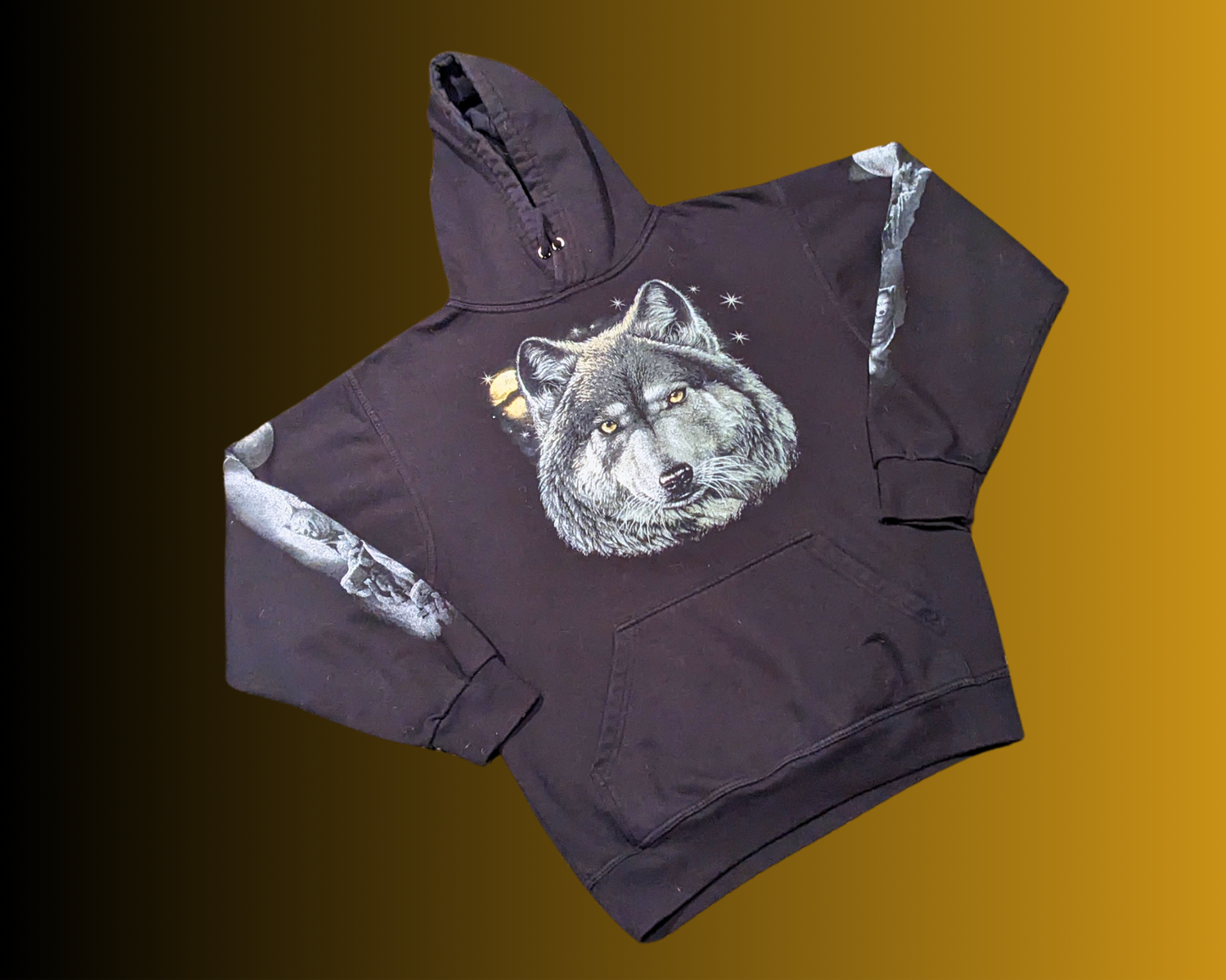 Vintage 1990's Black Hoodie with Wolves and Eagles Size M