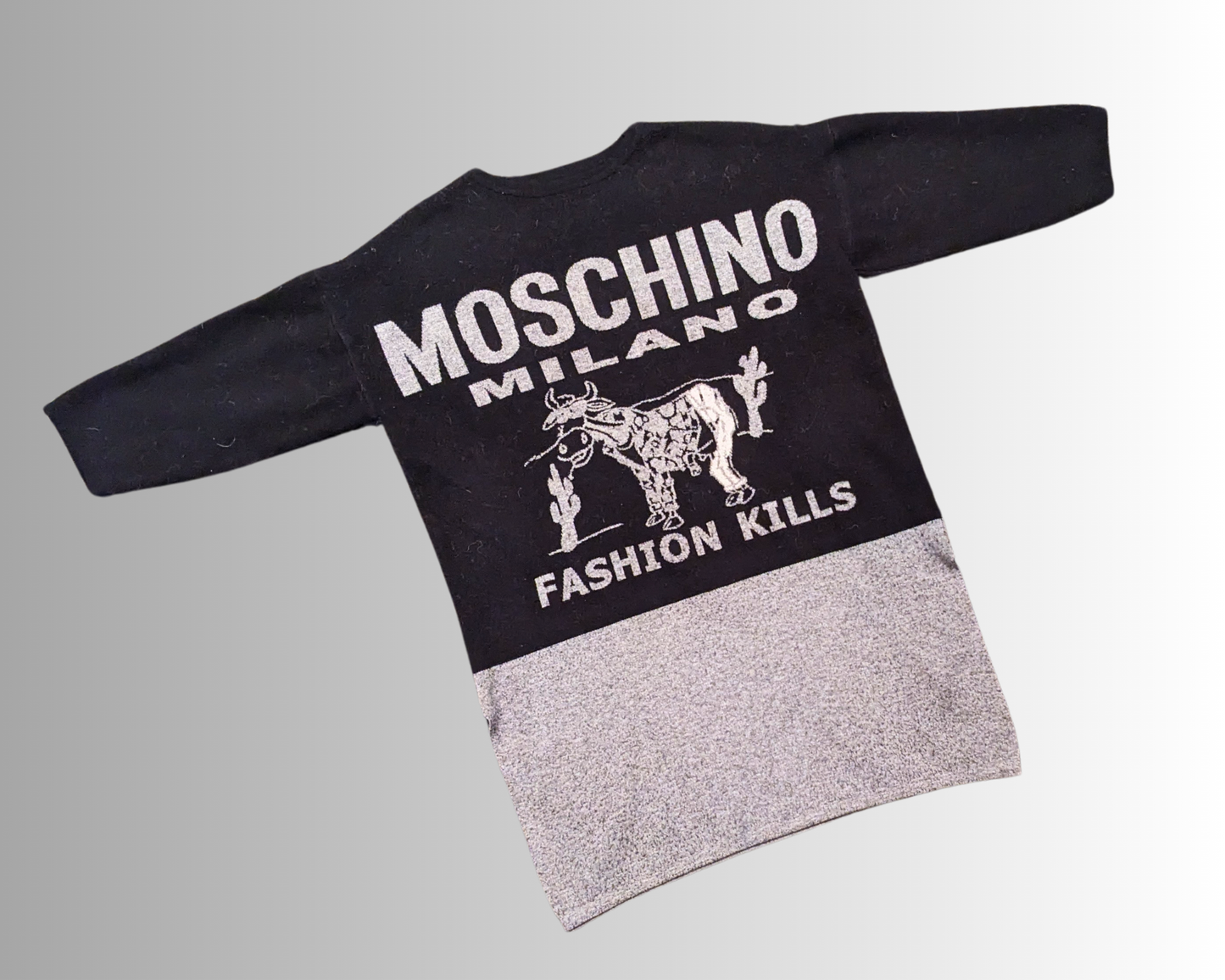 Y2K Black and Gray Wool Moschino Milano Fashion Kills Sweater Size M