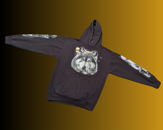 Vintage 1990's Black Hoodie with Wolves and Eagles Size M