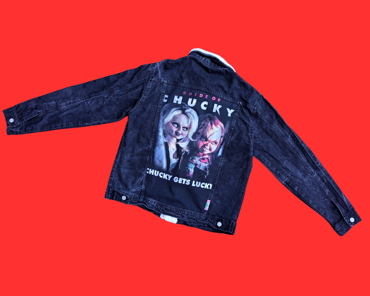 Veste en jean noire Bride of Chucky faite à la main et recyclée, taille M