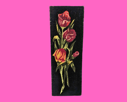 Broderie vintage en velours noir, motif floral, années 1970, sans cadre