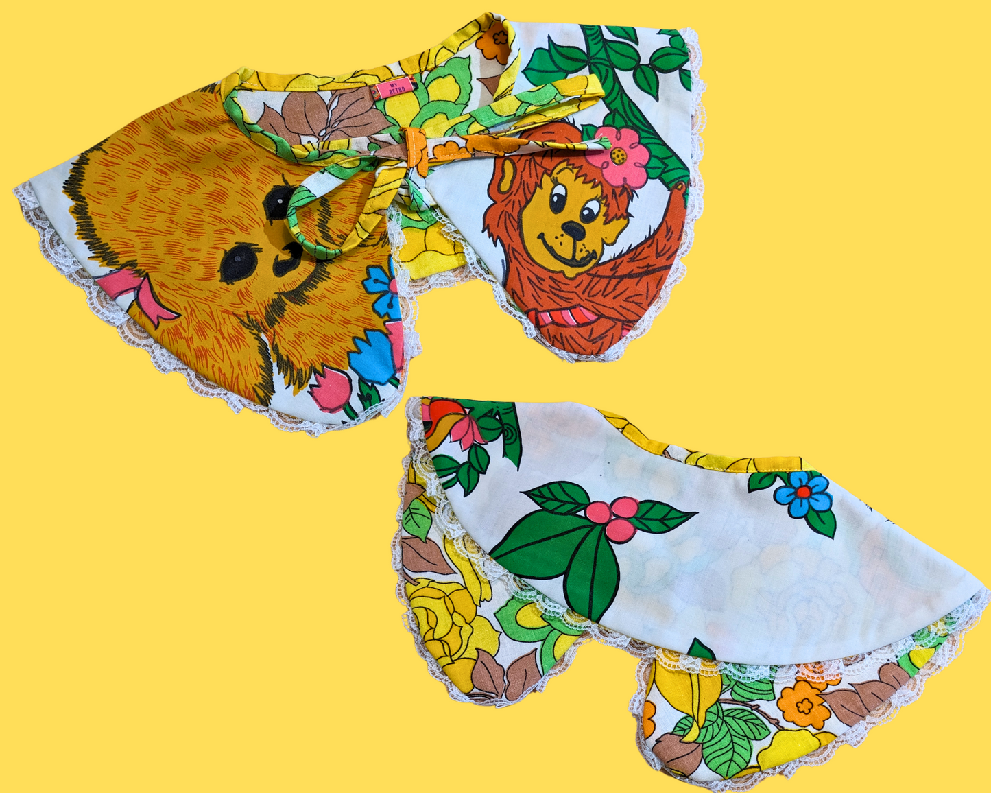 Handmade, Upcycled, Reversible Pilgrim Collar with Lace Frill Made With Groovy Animals Bedsheets