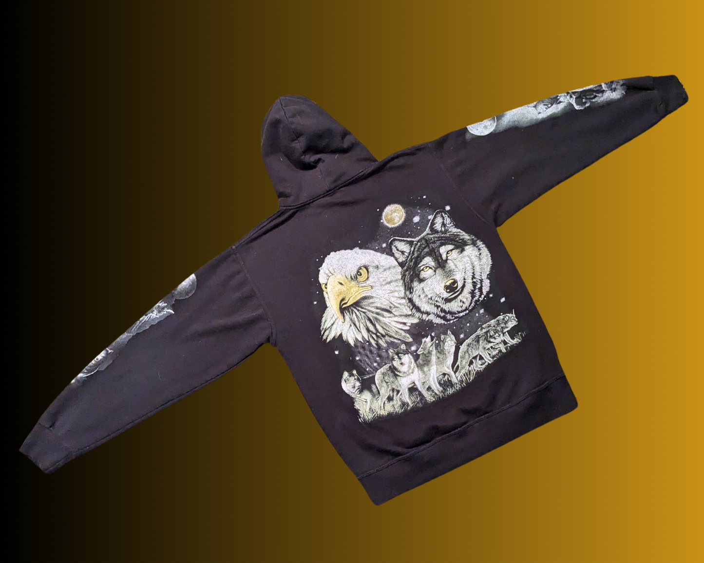 Vintage 1990's Black Hoodie with Wolves and Eagles Size M