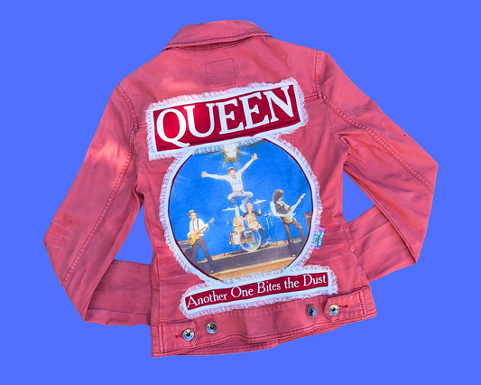 Handmade, Upcycled Queen Another One Bites The Dust Red Denim Jacket Size S (EU 36)