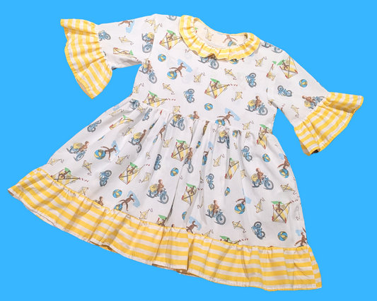 Handmade, Upcycled Curious George Bedsheet Dress Fits Size S-M-L-XL
